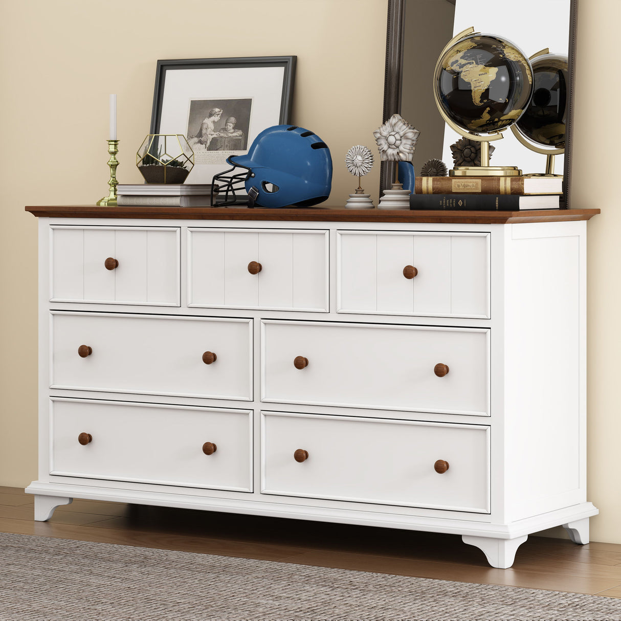 Seven Drawer Dresser - White / Walnut