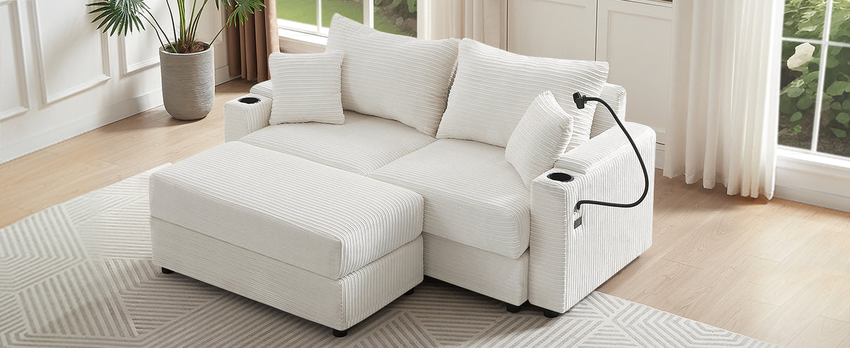 72.8" Modern Style Loveseat with Storage Space, Movable Ottoman, Two USB Ports, Two Cup Holders and Phone Holder - Beige