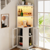 Corner Bar Cabinet With Power Outlet, Adjustable Shelves With Lights and Glass Rack - White