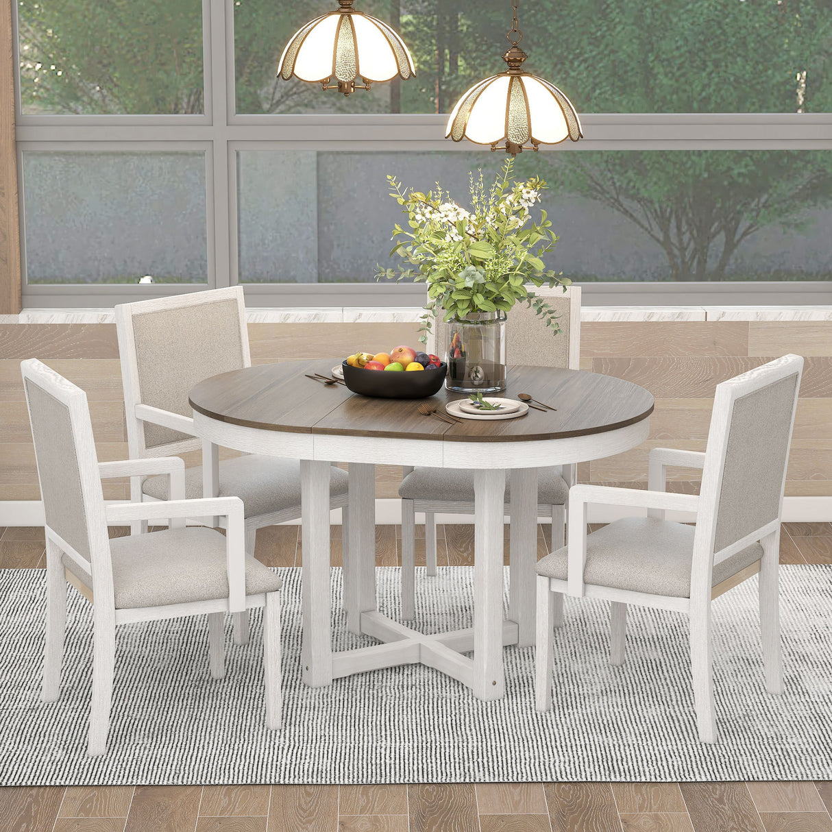 TREXM 5-Piece Dining Set With  Butterfly Leaf and 4 Upholstered Dining Chairs (Brown+White)