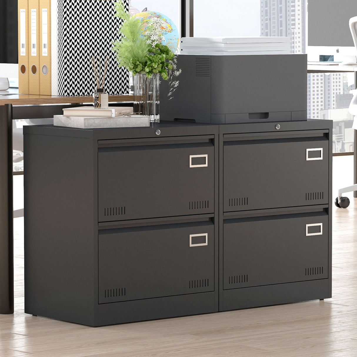 2 Drawer Metal Lateral Filing Cabinet With Lock - Black