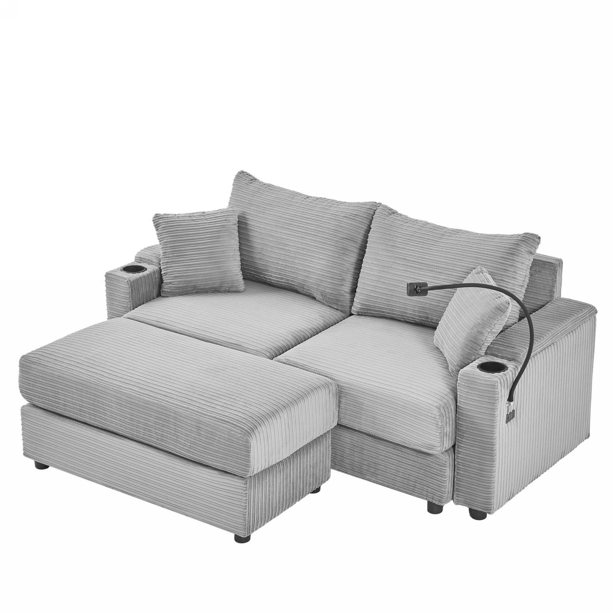 72.8" Modern Style Loveseat with Storage Space, Movable Ottoman, Two USB Ports, Two Cup Holders and Phone Holder - Gray