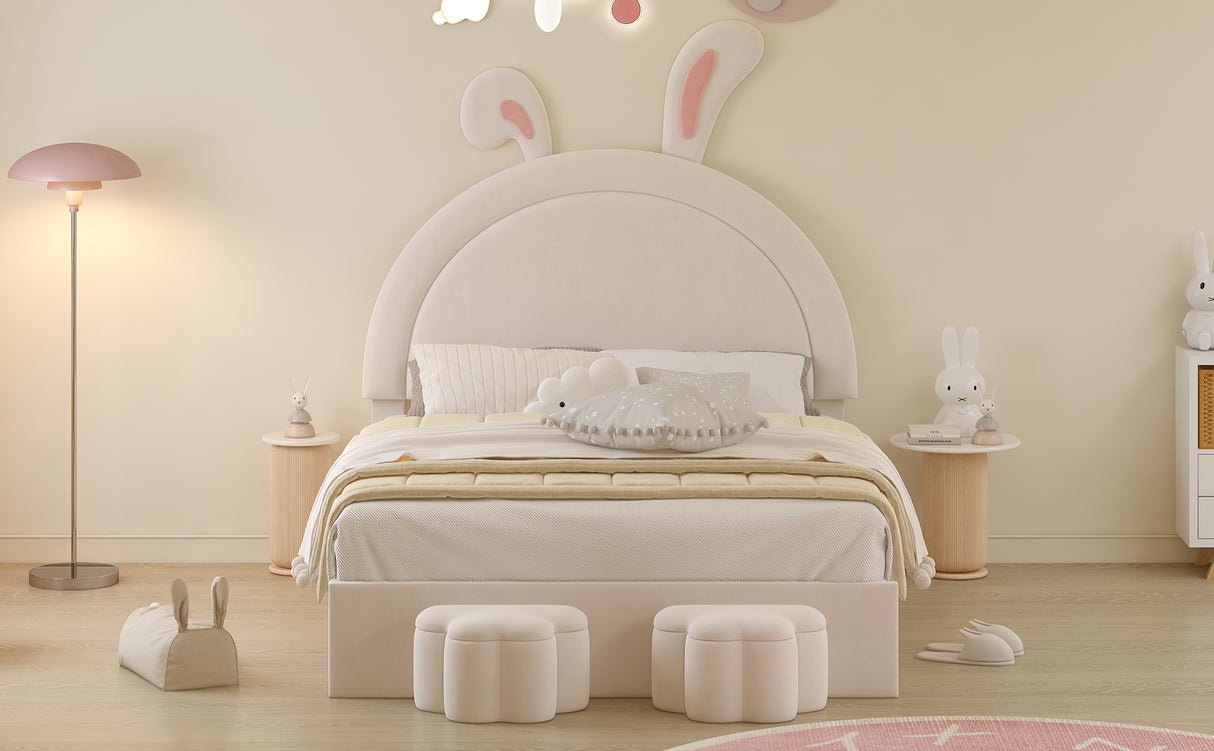 Full size Upholstered Rabbit-Shape Bed with 2 Storage Stools and Cartoon Ears Shaped Headboard, White