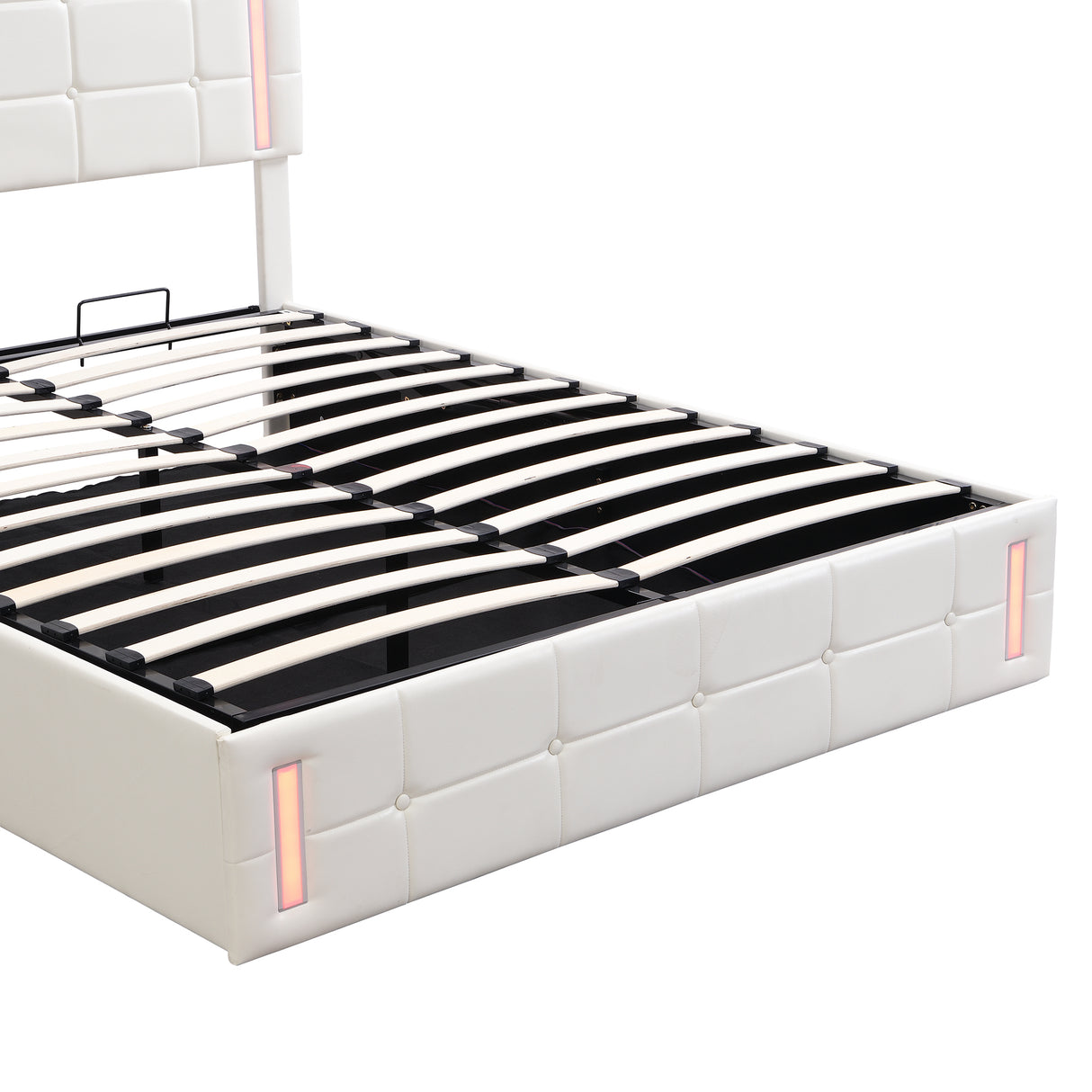 Queen Size Upholstered Bed with LED Lights, Hydraulic Storage System and USB Charging Station,White