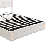 Queen Size Upholstered Bed with LED Lights, Hydraulic Storage System and USB Charging Station,White