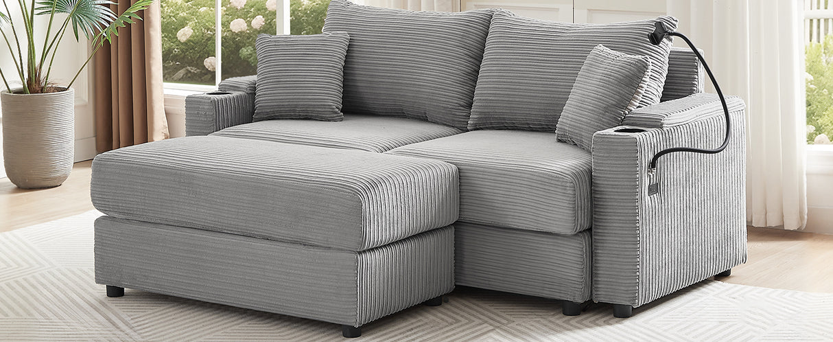 72.8" Modern Style Loveseat with Storage Space, Movable Ottoman, Two USB Ports, Two Cup Holders and Phone Holder - Gray