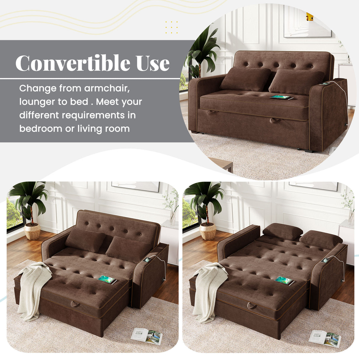 66.5" Upholstered Loveseat With Pull Out Bed, Two Throw Pillows, Dual USB Charging Port and Adjustable Backrest - Brown