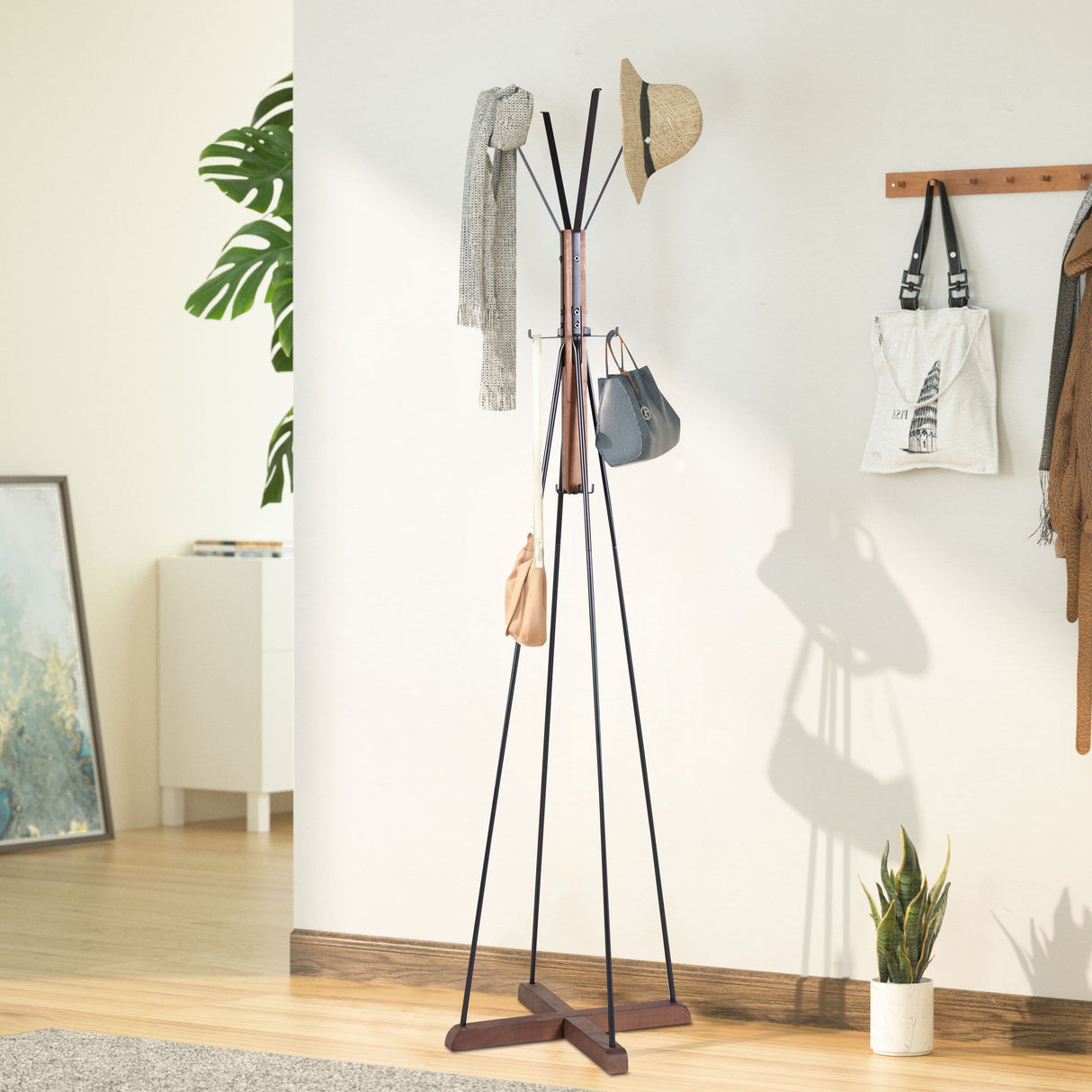 Reclaimed Wood And Metal Freestanding Coat Rack With Hooks - Natural