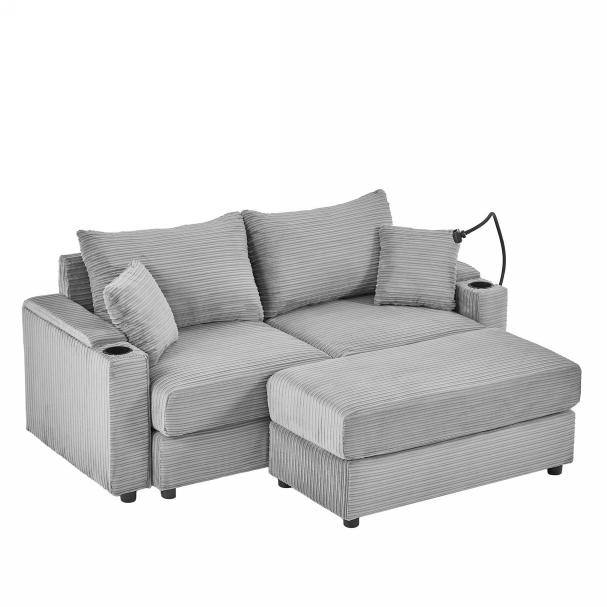 72.8" Modern Style Loveseat with Storage Space, Movable Ottoman, Two USB Ports, Two Cup Holders and Phone Holder - Gray