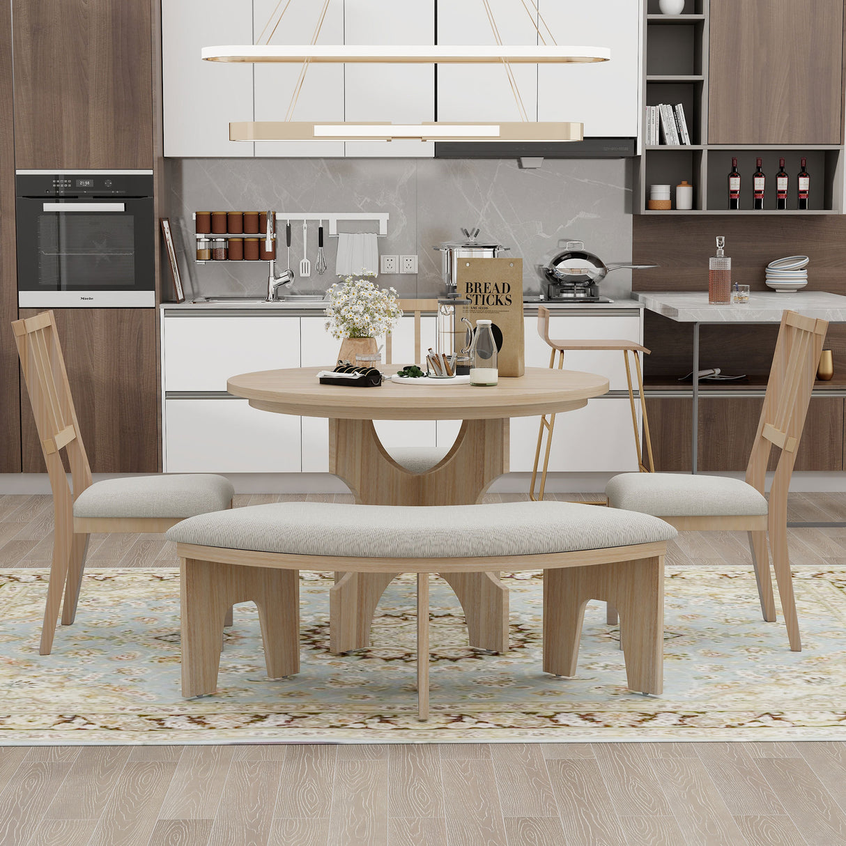 TREXM 5-Piece Dining Set with Curved Bench  and Side Chairs (Natural Wood Wash)