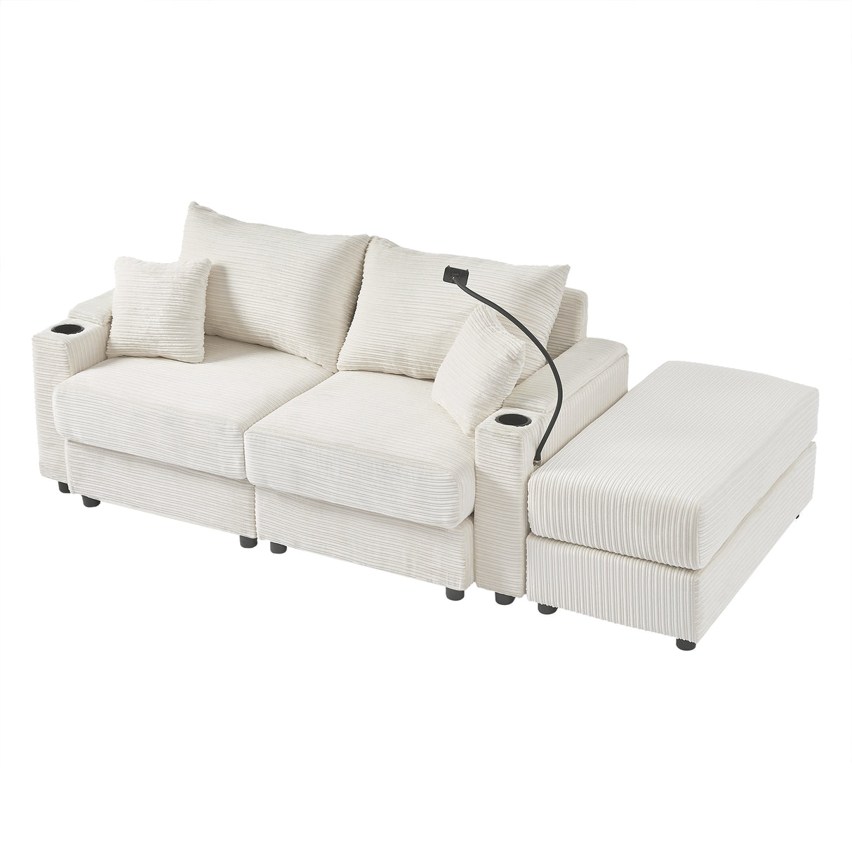 72.8" Modern Style Loveseat with Storage Space, Movable Ottoman, Two USB Ports, Two Cup Holders and Phone Holder - Beige