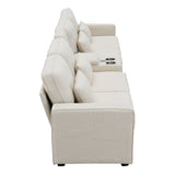 114.2" Upholstered Sofa with Console, 2 Cupholders and 2 USB Ports for Wired or Wireless Charge with 4 Pillows - Beige